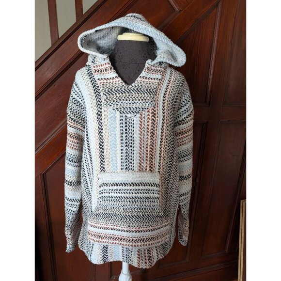 Striped Baja Hoodie Poncho XL Unisex Woven Pullover Front Pocket Made in Mexico - Picture 1 of 11